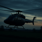 A sleek black helicopter flying over rural farmland at dusk.