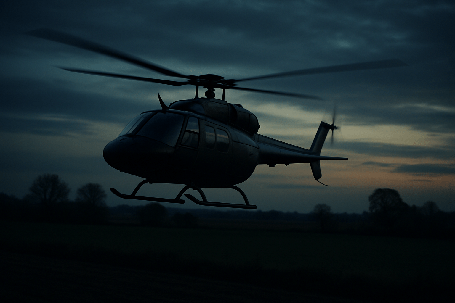 A sleek black helicopter flying over rural farmland at dusk.