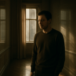 Person experiencing eerie familiarity in modern room with reflections and gentle light.