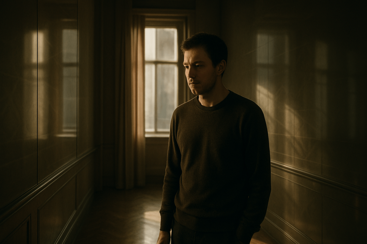 Person experiencing eerie familiarity in modern room with reflections and gentle light.