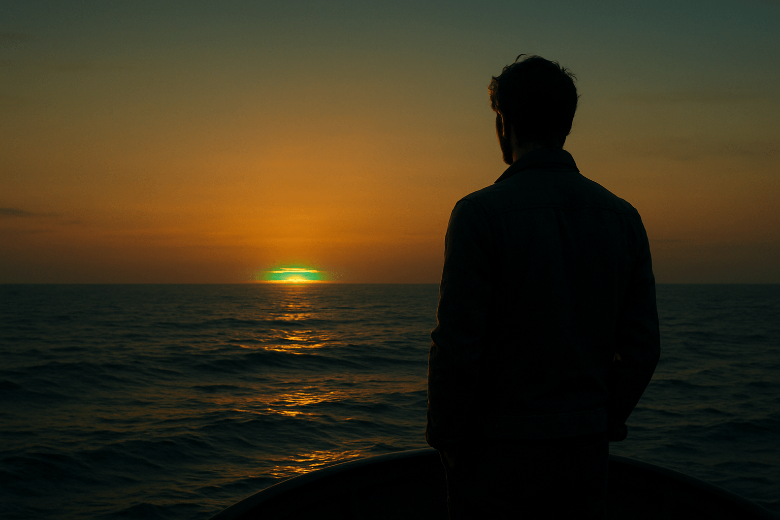 Lone traveler watching the green flash at sunset over the ocean