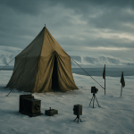 Vintage German expedition tent at Antarctica's icy edge with surveying equipment