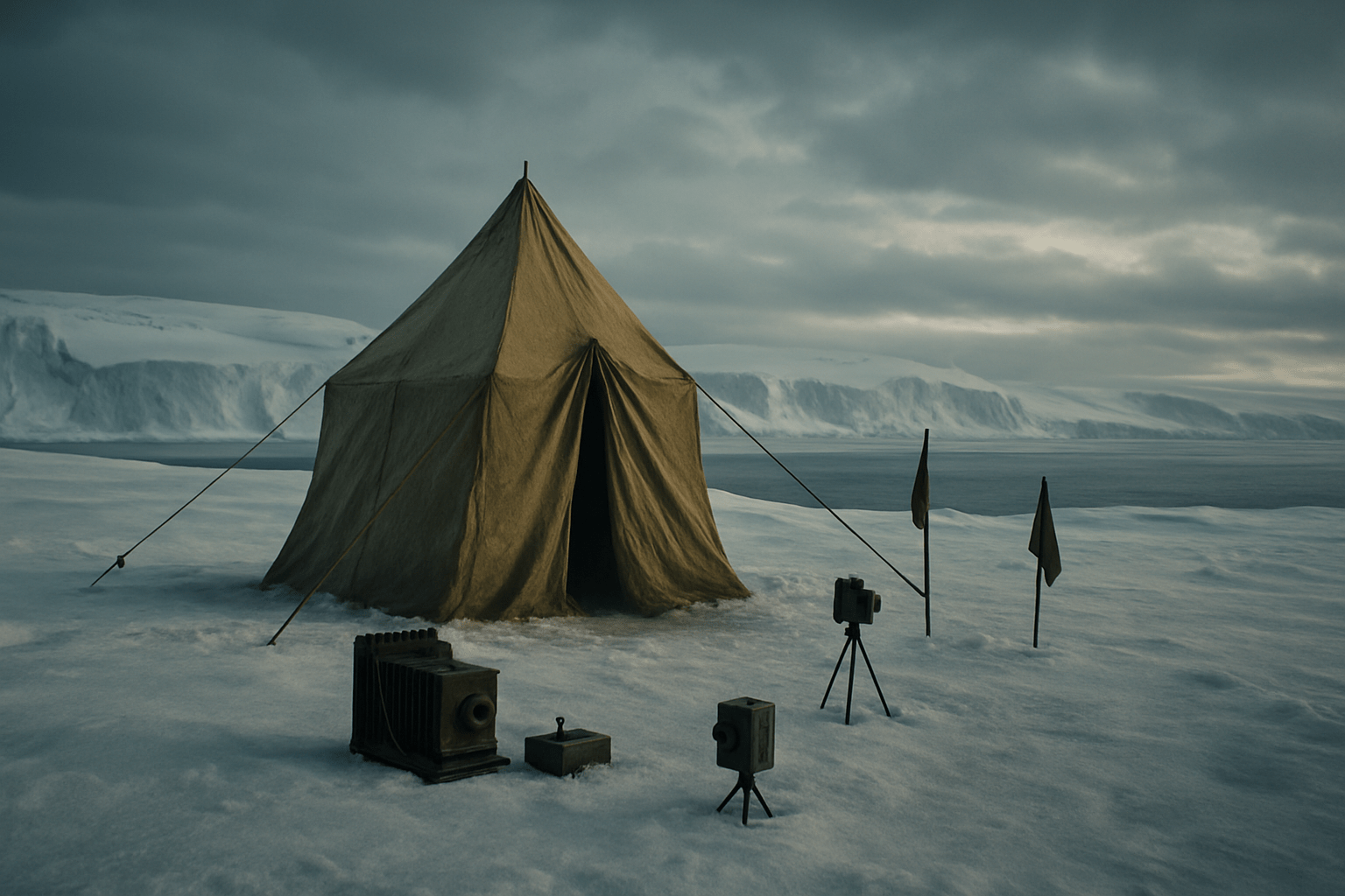 Vintage German expedition tent at Antarctica's icy edge with surveying equipment