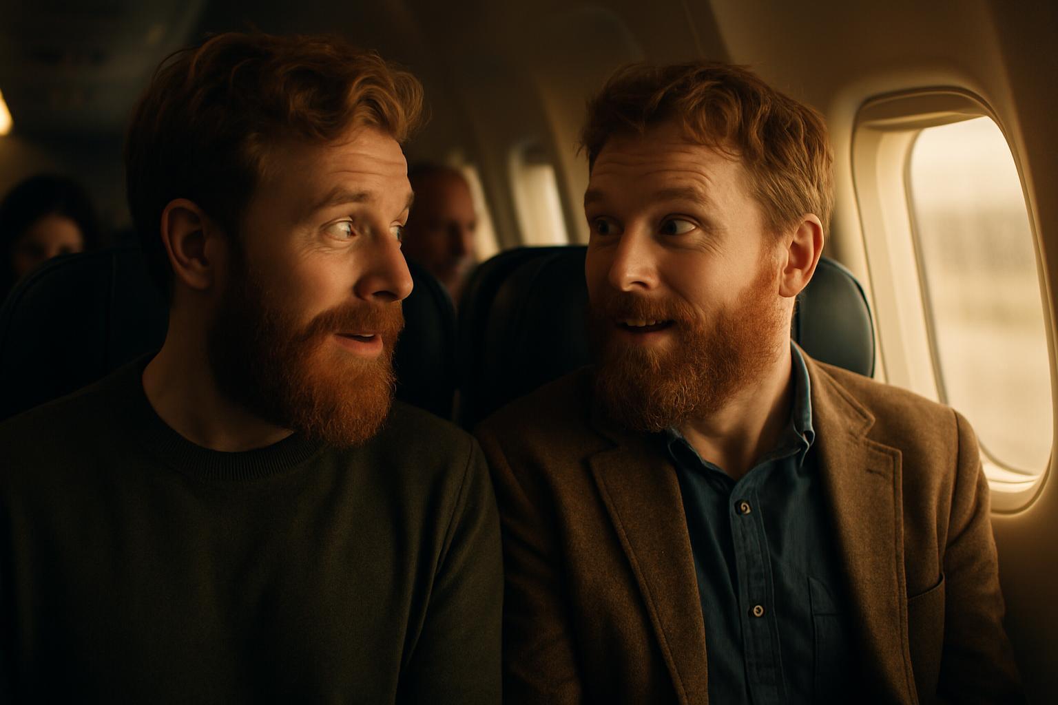 Two men with similar ginger beards share a surprising smile on an airplane.