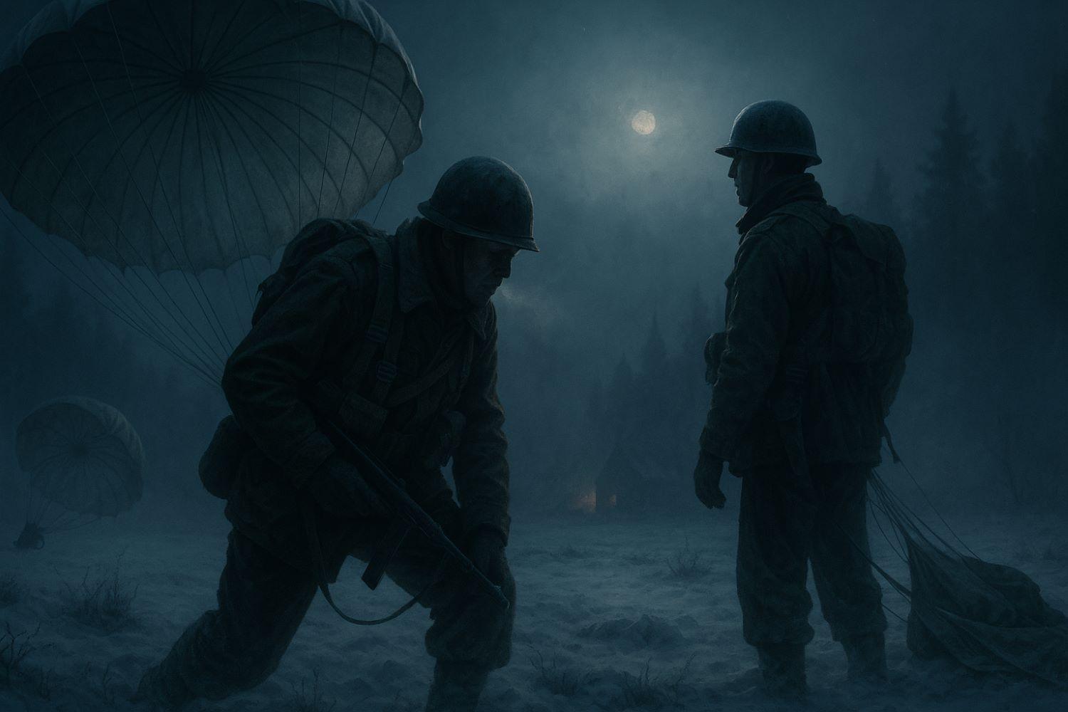 Three armed resistance fighters hiding at a street corner in WWII-era Prague, preparing to ambush an approaching black Mercedes convertible in dim, foggy light.